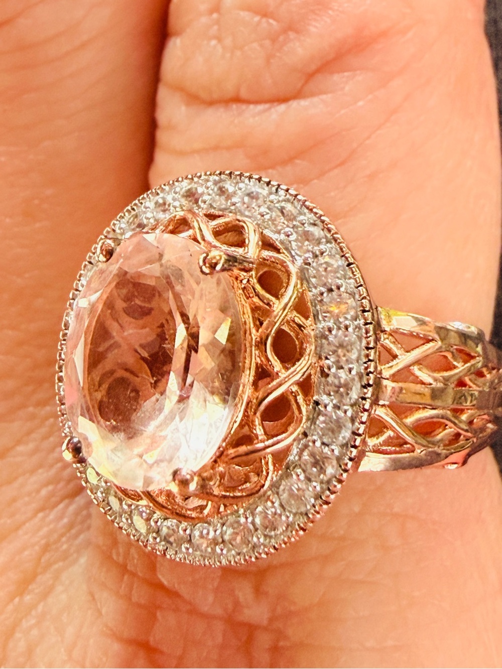 Pinctore Rose Gold &Sterling Silver Oval Morganite Halo Ring